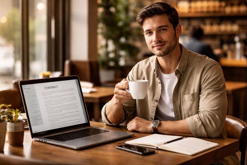 Professional reviewing contract with coffee